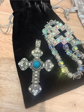 Crystal Cross Pendant with Turquoise Accent